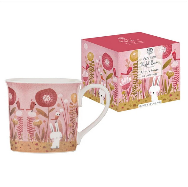 Playful Bunnies Mug - Pink Garden Bunny
