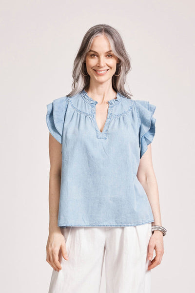 Melenia Denim Frill Top - Denim