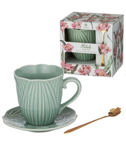 Petals Mint Mug Saucer & Spoon Gift Set