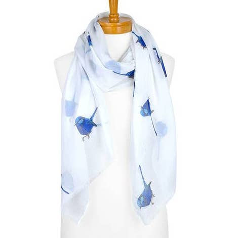 Cotton Scarf - Splendid Fairy Blue Wren (White)