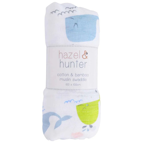 Hazel & Hunter -  Cotton & Bamboo Muslin Swaddle - Whales