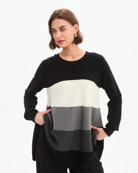 Colour Block Stripe Knit - Grey/ Black/ Cream