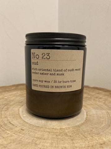 Oud hand poured natural ingredients soy candle. Made locally in Bronte